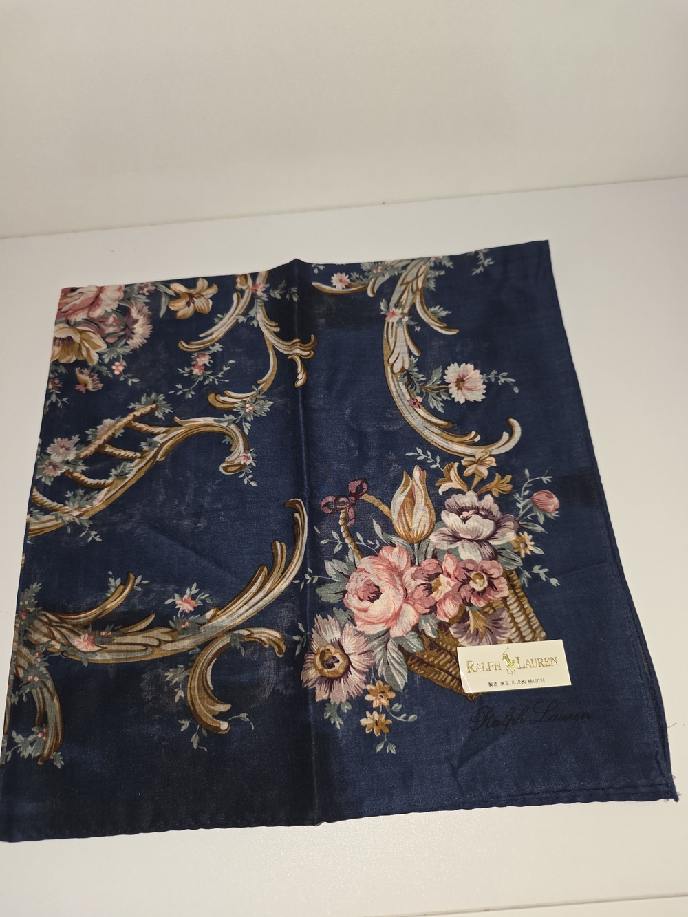 Ralph Lauren Women’s Navy Floral Print Small Scarf/Handkerchief (Stained-NWT)